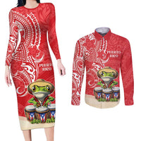 Personalized Puerto Rico Couples Matching Long Sleeve Bodycon Dress and Long Sleeve Button Shirt Coqui Frog With Polynesian Pattern LT05 Red - Polynesian Pride