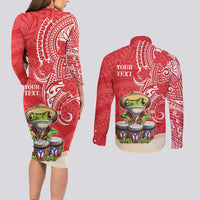 Personalized Puerto Rico Couples Matching Long Sleeve Bodycon Dress and Long Sleeve Button Shirt Coqui Frog With Polynesian Pattern LT05 - Polynesian Pride