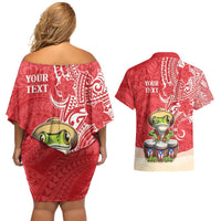 Personalized Puerto Rico Couples Matching Off Shoulder Short Dress and Hawaiian Shirt Coqui Frog With Polynesian Pattern - Polynesian Pride