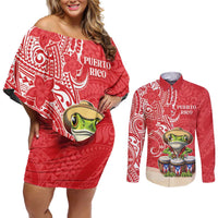 Personalized Puerto Rico Couples Matching Off Shoulder Short Dress and Long Sleeve Button Shirt Coqui Frog With Polynesian Pattern LT05 Red - Polynesian Pride