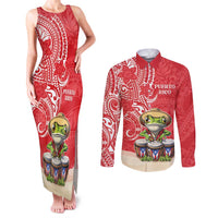 Personalized Puerto Rico Couples Matching Tank Maxi Dress and Long Sleeve Button Shirt Coqui Frog With Polynesian Pattern LT05 Red - Polynesian Pride
