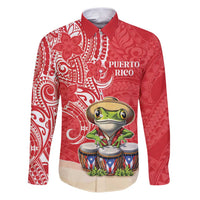 Personalized Puerto Rico Family Matching Puletasi and Hawaiian Shirt Coqui Frog With Polynesian Pattern LT05 Dad's Shirt - Long Sleeve Red - Polynesian Pride