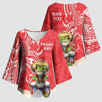 Personalized Puerto Rico Kimono Sleeve Blouse Coqui Frog With Polynesian Pattern - Polynesian Pride