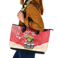 Puerto Rico Leather Tote Bag Coqui Frog With Polynesian Pattern LT05 Red - Polynesian Pride