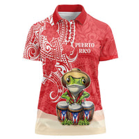 Personalized Puerto Rico Women Polo Shirt Coqui Frog With Polynesian Pattern LT05 Female Red - Polynesian Pride