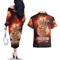 Hawaii Veterans Day Couples Matching Off The Shoulder Long Sleeve Dress and Hawaiian Shirt May We Never Forget Freedom Isn't Free