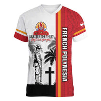 French Polynesia Armistice Day Women V-Neck T-Shirt Lest We Forget Flag Style LT05 Female Red - Polynesian Pride