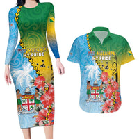 Personalised Malampa Fiji Day Couples Matching Long Sleeve Bodycon Dress and Hawaiian Shirt Tribal Pattern With Tropical Flowers - Polynesian Pride