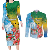 Personalised Malampa Fiji Day Couples Matching Long Sleeve Bodycon Dress and Long Sleeve Button Shirt Tribal Pattern With Tropical Flowers - Polynesian Pride