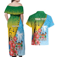 Personalised Malampa Fiji Day Couples Matching Off Shoulder Maxi Dress and Hawaiian Shirt Tribal Pattern With Tropical Flowers - Polynesian Pride