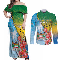 Personalised Malampa Fiji Day Couples Matching Off Shoulder Maxi Dress and Long Sleeve Button Shirt Tribal Pattern With Tropical Flowers - Polynesian Pride