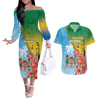 Personalised Malampa Fiji Day Couples Matching Off The Shoulder Long Sleeve Dress and Hawaiian Shirt Tribal Pattern With Tropical Flowers - Polynesian Pride