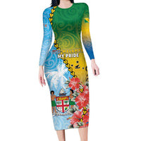 Personalised Malampa Fiji Day Long Sleeve Bodycon Dress Tribal Pattern With Tropical Flowers - Polynesian Pride