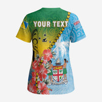 Personalised Malampa Fiji Day Scrub Top Tribal Pattern With Tropical Flowers - Polynesian Pride