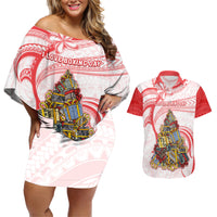 Personalized Happy Boxing Day Couples Matching Off Shoulder Short Dress and Hawaiian Shirt Polynesian Gift Boxes Christmas Tree LT05 Red - Polynesian Pride