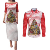 Personalized Happy Boxing Day Couples Matching Puletasi Dress and Long Sleeve Button Shirts Polynesian Gift Boxes Christmas Tree LT05 Red - Polynesian Pride