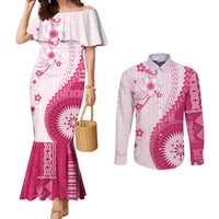 Bula Fiji Couples Matching Mermaid Dress and Long Sleeve Button Shirt Pink Plumeria Masi Tapa Pattern LT05 Pink - Polynesian Pride