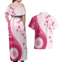 Bula Fiji Couples Matching Off Shoulder Maxi Dress and Hawaiian Shirt Pink Plumeria Masi Tapa Pattern - Polynesian Pride