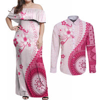 Bula Fiji Couples Matching Off Shoulder Maxi Dress and Long Sleeve Button Shirt Pink Plumeria Masi Tapa Pattern - Polynesian Pride