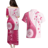 Bula Fiji Couples Matching Puletasi and Hawaiian Shirt Pink Plumeria Masi Tapa Pattern LT05 - Polynesian Pride