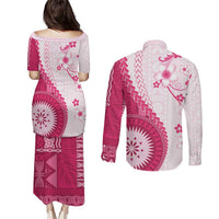 Bula Fiji Couples Matching Puletasi and Long Sleeve Button Shirt Pink Plumeria Masi Tapa Pattern LT05 - Polynesian Pride