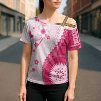 Bula Fiji Cross Shoulder Shirt Pink Plumeria Masi Tapa Pattern LT05 - Polynesian Pride