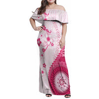 Bula Fiji Family Matching Off Shoulder Maxi Dress and Hawaiian Shirt Pink Plumeria Masi Tapa Pattern - Polynesian Pride