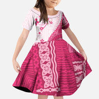 Bula Fiji Family Matching Off Shoulder Short Dress and Hawaiian Shirt Pink Plumeria Masi Tapa Pattern - Polynesian Pride
