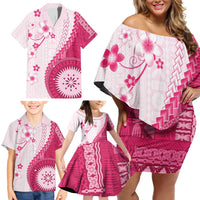 Bula Fiji Family Matching Off Shoulder Short Dress and Hawaiian Shirt Pink Plumeria Masi Tapa Pattern - Polynesian Pride