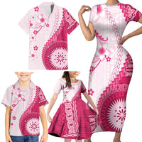 Bula Fiji Family Matching Short Sleeve Bodycon Dress and Hawaiian Shirt Pink Plumeria Masi Tapa Pattern - Polynesian Pride