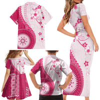 Bula Fiji Family Matching Short Sleeve Bodycon Dress and Hawaiian Shirt Pink Plumeria Masi Tapa Pattern - Polynesian Pride