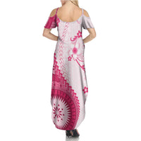 Bula Fiji Family Matching Summer Maxi Dress and Hawaiian Shirt Pink Plumeria Masi Tapa Pattern - Polynesian Pride