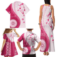 Bula Fiji Family Matching Tank Maxi Dress and Hawaiian Shirt Pink Plumeria Masi Tapa Pattern - Polynesian Pride