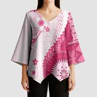 Bula Fiji Kimono Sleeve Blouse Pink Plumeria Masi Tapa Pattern LT05 - Polynesian Pride