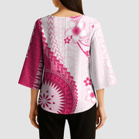 Bula Fiji Kimono Sleeve Blouse Pink Plumeria Masi Tapa Pattern LT05 - Polynesian Pride