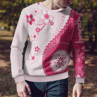 Bula Fiji Ugly Christmas Sweater Pink Plumeria Masi Tapa Pattern - Polynesian Pride