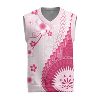 Bula Fiji Christmas Knitted V-Neck Vest Pink Plumeria Masi Tapa Pattern - Polynesian Pride