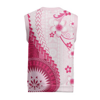 Bula Fiji Christmas Knitted V-Neck Vest Pink Plumeria Masi Tapa Pattern - Polynesian Pride
