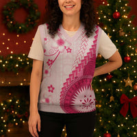 Bula Fiji Christmas Knitted V-Neck Vest Pink Plumeria Masi Tapa Pattern - Polynesian Pride