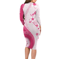 Bula Fiji Long Sleeve Bodycon Dress Pink Plumeria Masi Tapa Pattern - Polynesian Pride