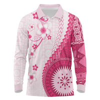 Bula Fiji Long Sleeve Polo Shirt Pink Plumeria Masi Tapa Pattern LT05 Pink - Polynesian Pride