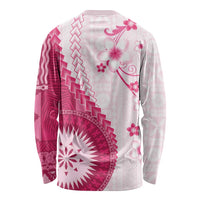 Bula Fiji Long Sleeve Shirt Pink Plumeria Masi Tapa Pattern LT05 - Polynesian Pride