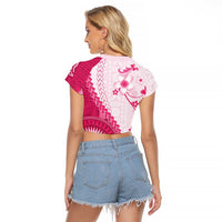 Bula Fiji Raglan Cropped T Shirt Pink Plumeria Masi Tapa Pattern LT05 - Polynesian Pride