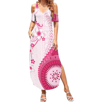 Bula Fiji Summer Maxi Dress Pink Plumeria Masi Tapa Pattern - Polynesian Pride