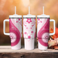 Bula Fiji Tumbler With Handle Pink Plumeria Masi Tapa Pattern - Polynesian Pride