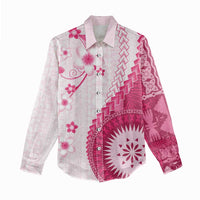 Bula Fiji Women Casual Shirt Pink Plumeria Masi Tapa Pattern - Polynesian Pride