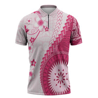 Bula Fiji Zipper Polo Shirt Pink Plumeria Masi Tapa Pattern LT05 Pink - Polynesian Pride