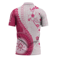 Bula Fiji Zipper Polo Shirt Pink Plumeria Masi Tapa Pattern LT05 - Polynesian Pride