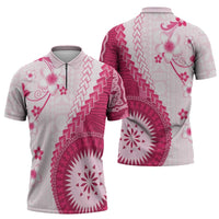 Bula Fiji Zipper Polo Shirt Pink Plumeria Masi Tapa Pattern LT05 - Polynesian Pride
