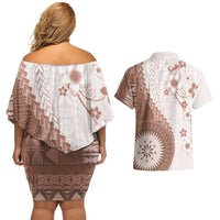Bula Fiji Couples Matching Off Shoulder Short Dress and Hawaiian Shirt Brown Plumeria Masi Tapa Pattern - Polynesian Pride